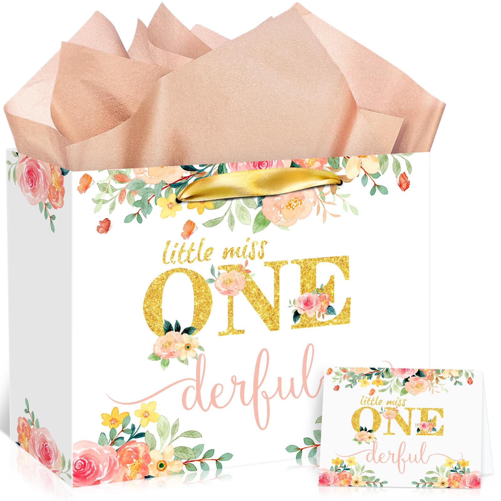 Baby Girl 1st Birthday Gift Bag Little Miss Onederful Gift Bag with Greeting Card and Tissue Papers Floral One Birthday Wrapping Paper Bag for Girls Newborn Baby Shower Christmas First Birthday Party