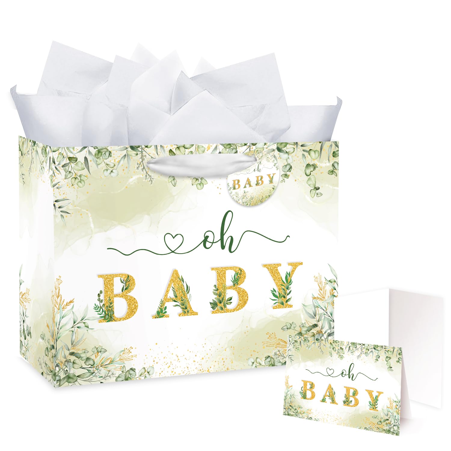 Mpanwen 16" Large Sage Green Baby Gift Bag, Baby Gift Bag for Girl Boy with Tissue Papers and Card