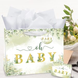 Mpanwen 16" Large Sage Green Baby Gift Bag, Baby Gift Bag for Girl Boy with Tissue Papers and Card