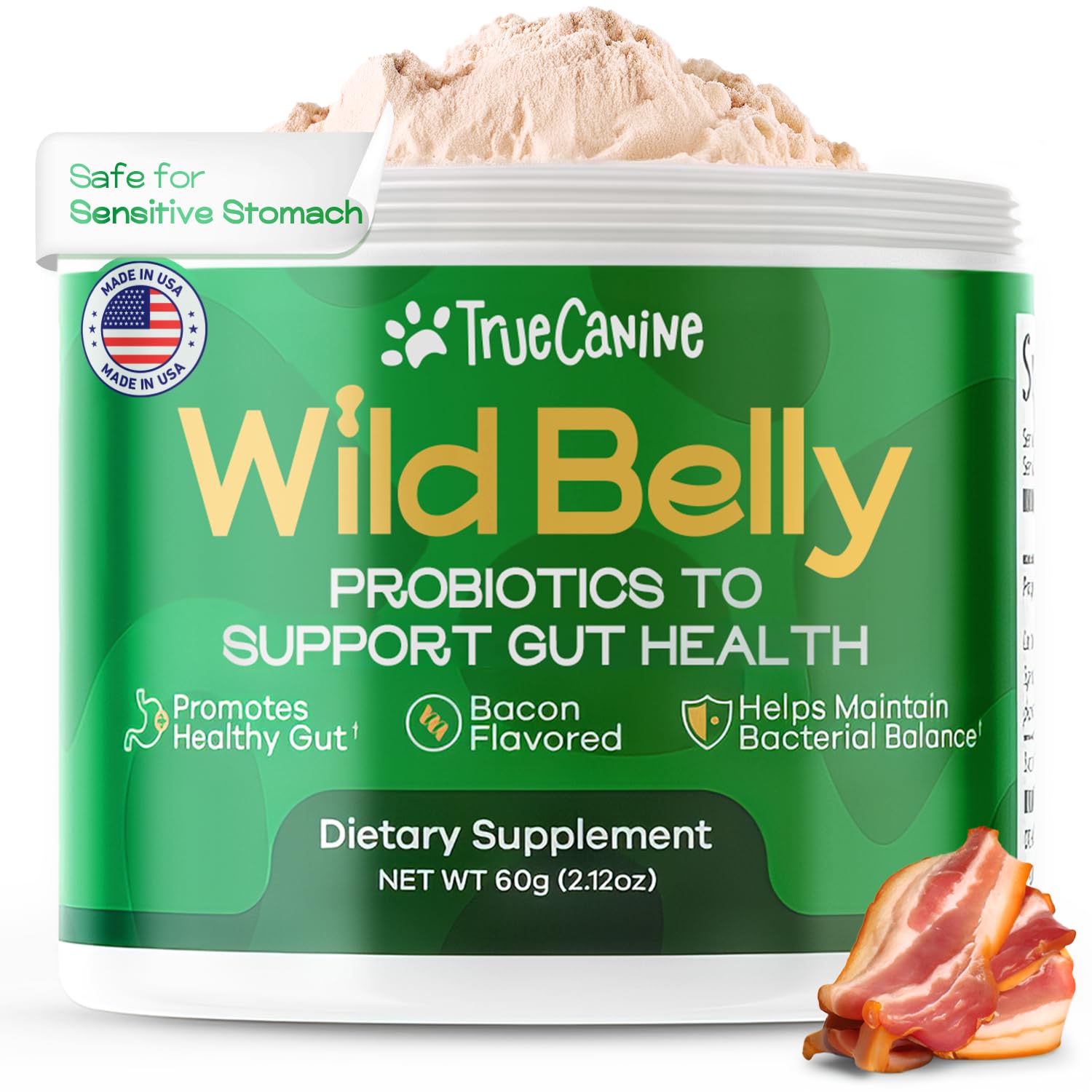 Wild Belly TrueCanine Probiotics for Dogs, 8.75 Billion CFU - Dog Probiotics for Digestive Health, Allergy&Itchy Skin, Anti-Aging & Gut Health for Dogs - Made in USA, Bacon Flavor, 30 Servings