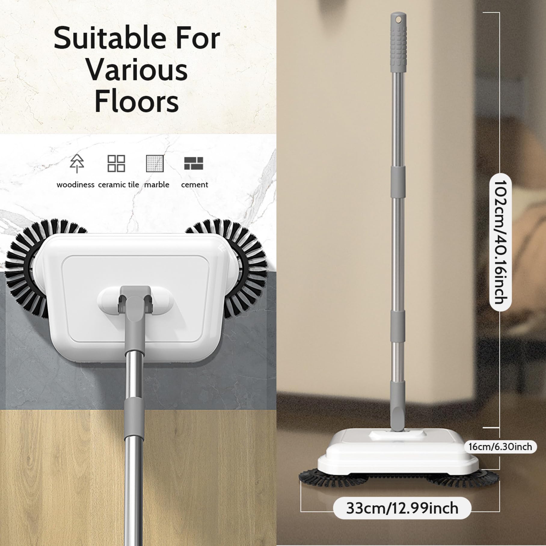 Floor Sweeper, 2-in-1 360° Rotating Hand Push Sweeper, High Efficient Carpet Sweeper with Long Handle, Hanging Manual Vacuum Sweeper for Home Office, Push Sweeper