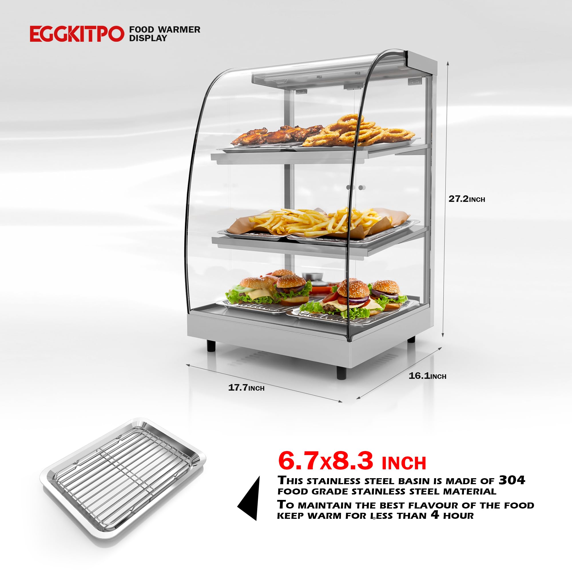 18 Inch Food Warmer Display with LED Light 3 Tiers Commercial Countertop Pretzel Warmer Thermometer Pizza Warmer Machine Food Showcase for Convenience Stores Bakeries Hot Display Case Buffet 110V 310W