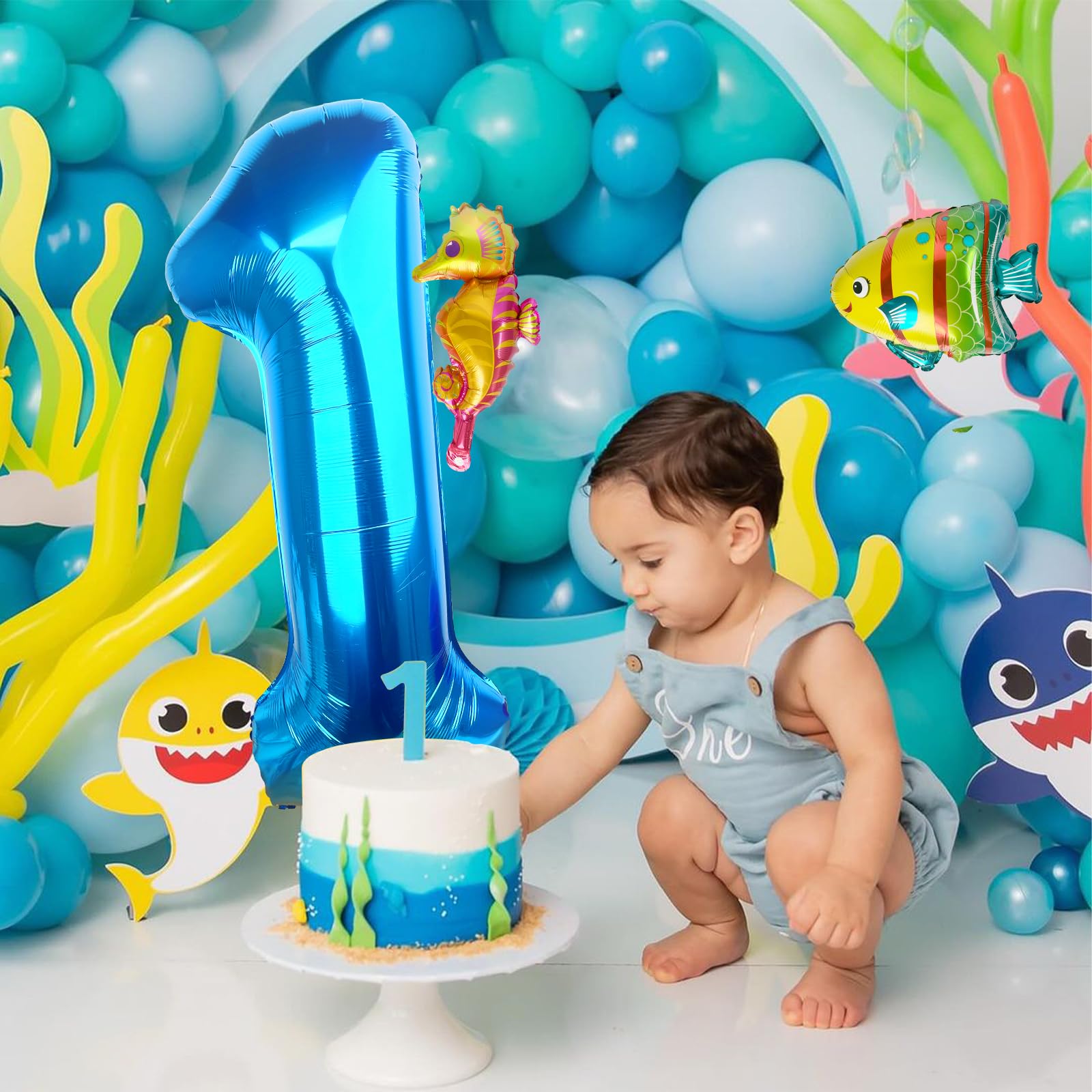 40 Inch Under the Sea Blue Number 1 Balloon, Mini Sea Animal Balloons Ocean Animal Foil Balloon, Seahorse Fish Balloons for Boys Girls Sea Theme 1st Birthday Baby Shower Party Decoration