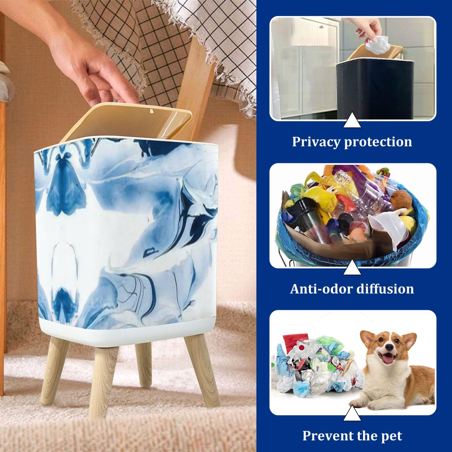 Trash Can with Lid Creative Light Dyed Art Splatters Navy Acrylic Paint Flow Modern Blue Garbage Can Rectangular Waste Bin Press Cover Dog Proof Wastebasket for Kitchen Bathroom Living Room Nursery