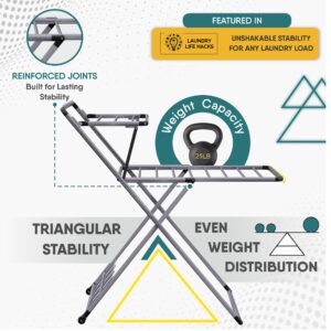 XABITAT Foldable Clothes Drying Rack with Shoe Hanger | Metal Construction, Non-Slip Feet | Dual Layer with Hooks | Hidden Wheels | Space Saving Portable | Ideal for Laundry Room, Indoor & Outdoor