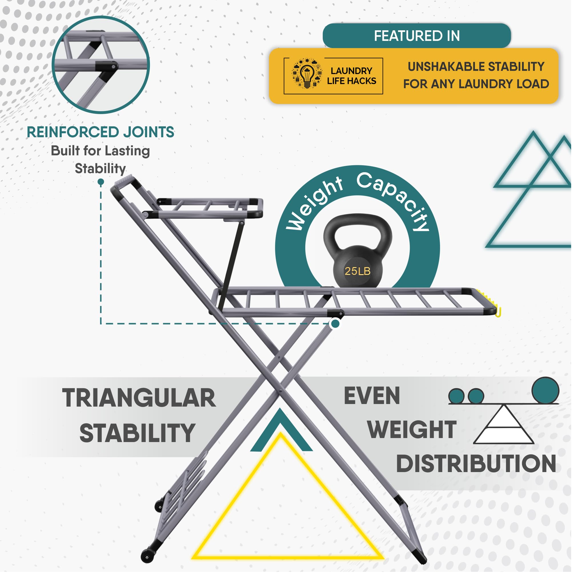 XABITAT Foldable Clothes Drying Rack with Shoe Hanger | Metal Construction, Non-Slip Feet | Dual Layer with Hooks | Hidden Wheels | Space Saving Portable | Ideal for Laundry Room, Indoor & Outdoor