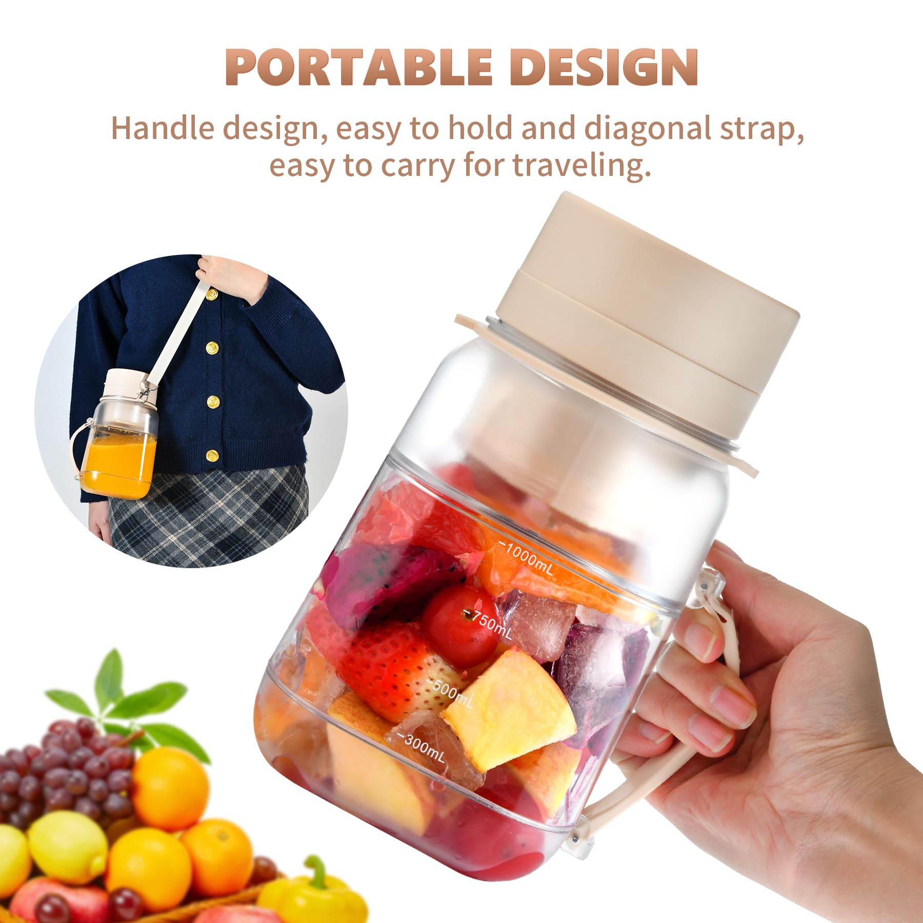 34oz Portable Blender for Shakes and Smoothies FOUSIUTIM USB Rechargeable Travel Blender Personal Size Blender with Stainless Steel Blades Juice Cup with Shoulder Strap Portable Smoothie Blender