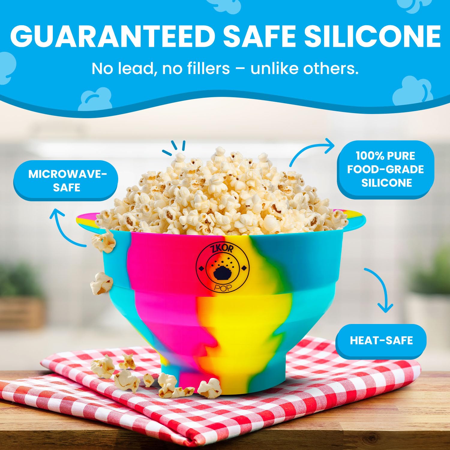 Microwavable Silicone Popcorn Popper- Collapsible Bowl-Microwave Popcorn Maker- Reusable - Air Popped Popcorn No Oil- BPA Free- 100% Food grade Silicone- Dishwasher Safe- ZKOR Rainbow