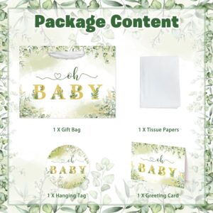 Mpanwen 16" Large Sage Green Baby Gift Bag, Baby Gift Bag for Girl Boy with Tissue Papers and Card