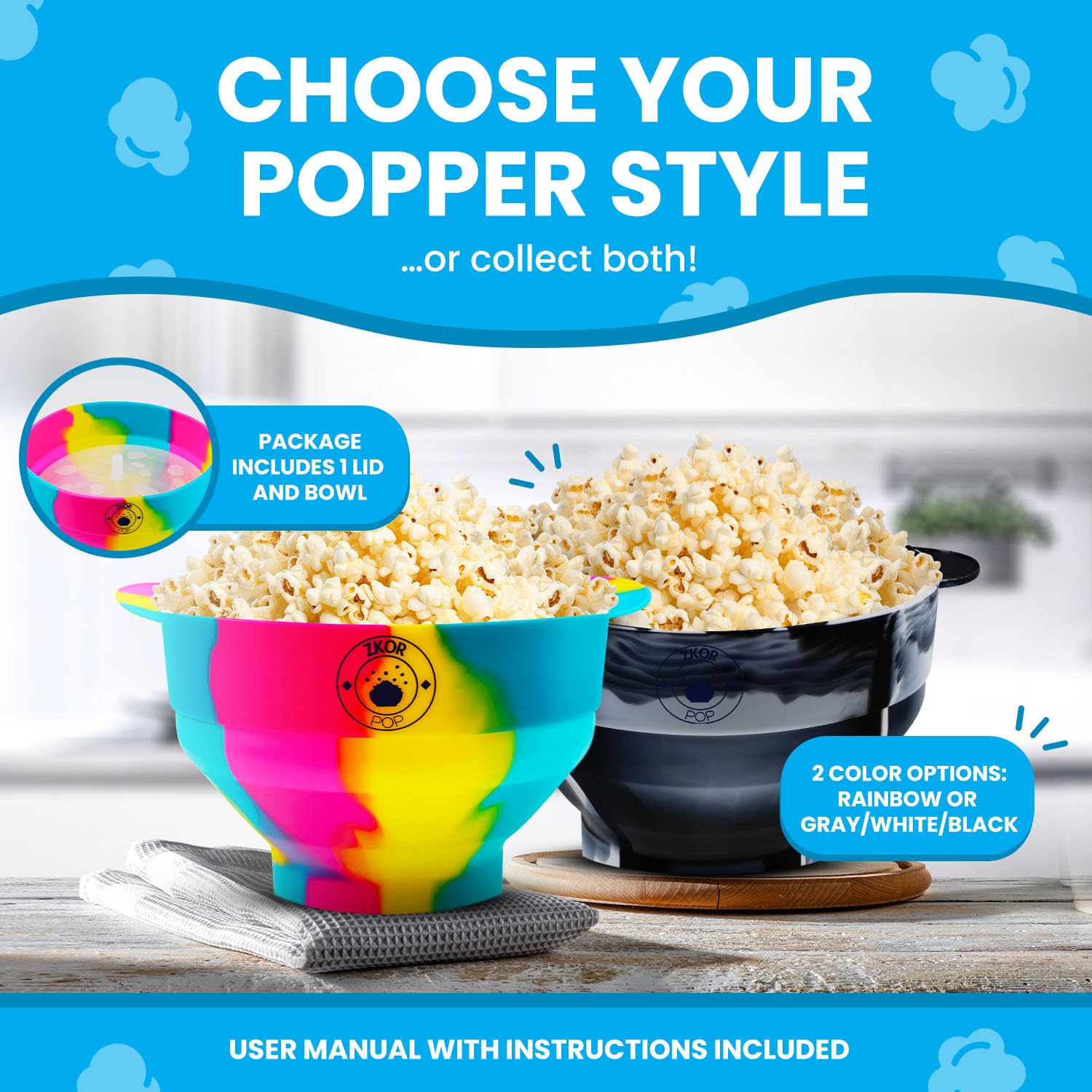 Microwavable Silicone Popcorn Popper- Collapsible Bowl-Microwave Popcorn Maker- Reusable - Air Popped Popcorn No Oil- BPA Free- 100% Food grade Silicone- Dishwasher Safe- ZKOR Rainbow