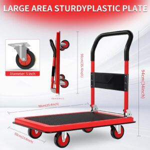 Heavy Duty Steel Platform Truck Cart，1200 lbs Weight Capacity and 360 Degree Swivel Wheels, Foldable Push Hand Cart for Loading and Storage, Reinforced Base Plate (Red,Large)