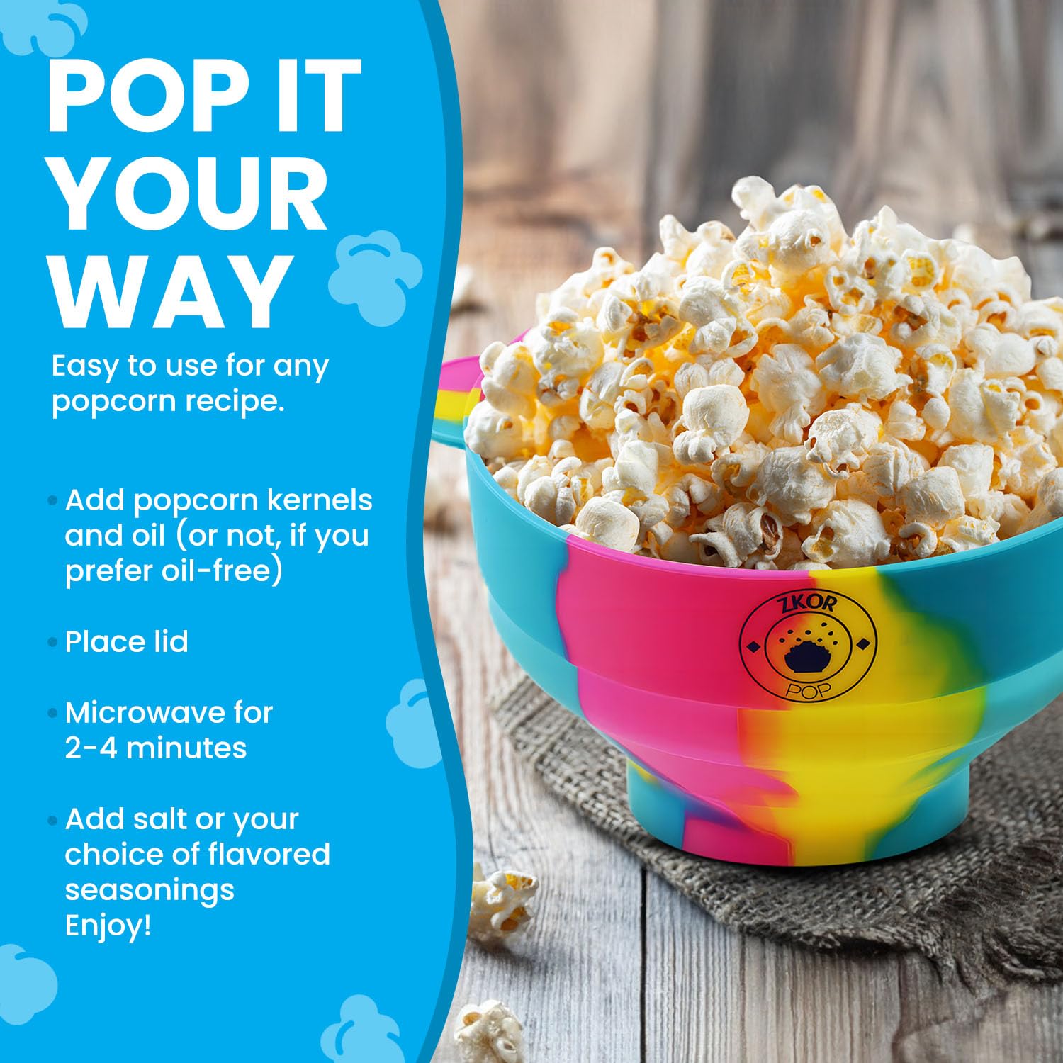 Microwavable Silicone Popcorn Popper- Collapsible Bowl-Microwave Popcorn Maker- Reusable - Air Popped Popcorn No Oil- BPA Free- 100% Food grade Silicone- Dishwasher Safe- ZKOR Rainbow