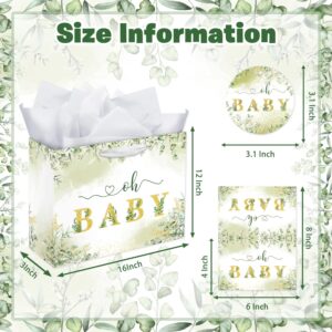 Mpanwen 16" Large Sage Green Baby Gift Bag, Baby Gift Bag for Girl Boy with Tissue Papers and Card