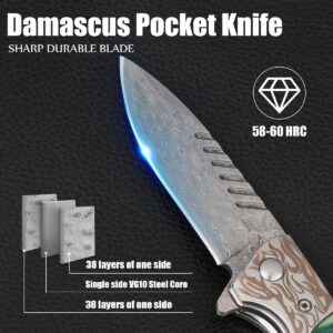 otrlenur Damascus Pocket Knife with Unique Abalone Shell Handle,Handmade Forged Damascus Steel Folding Knife, EDC Knife with Safety Liner Lock, for EDC Men Outdoor Collecting Gift