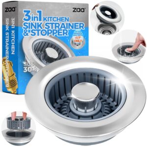 upgraded 3in1 kitchen sink drain strainer & sink stopper, stainless steel kitchen drain plug & cover with anti-clogging basket strainer, fit us standard 3-1/2'' sink drain hole, silver