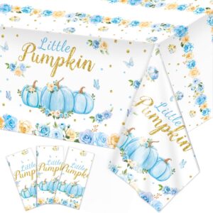 linhaxm 3 pack blue little pumpkin baby shower tablecloths - fall pumpkin floral plastic table cover for baby boy shower gender reveal decorations, 54 x 108 inch