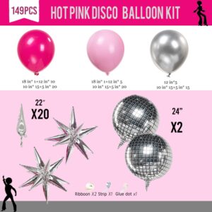 yeewaka Hot pink and silver disco balloon arch garland kit 150pcs with disco ball star mylar balloon for back to 80s 90s DiscoTheme prom Women 30th Birthday last rodeo bachelorette party decorations