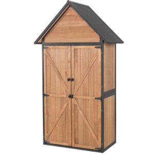 aivituvin shed outdoor storage cabinet with all-around strong metal frame wooden tool house with adjustable shelfs and floor,waterproof roof (brown)