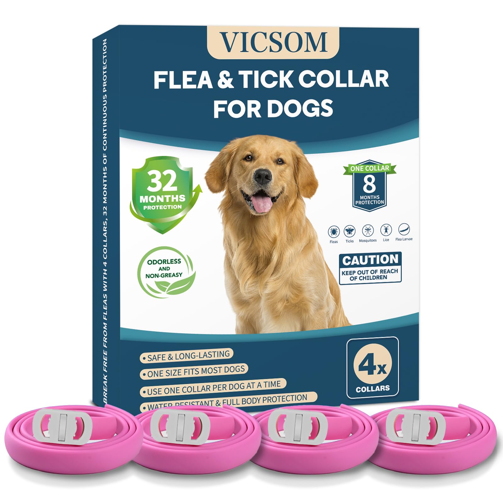 VICSOM 4 Pack Flea Collar for Dogs, Flea and Tick Collar for Dogs, 32 Months Flea and Tick Prevention for Dogs, Dog Flea and Tick Treatment, Water-Resistant & Adjustable Dog Flea Collar - Pink