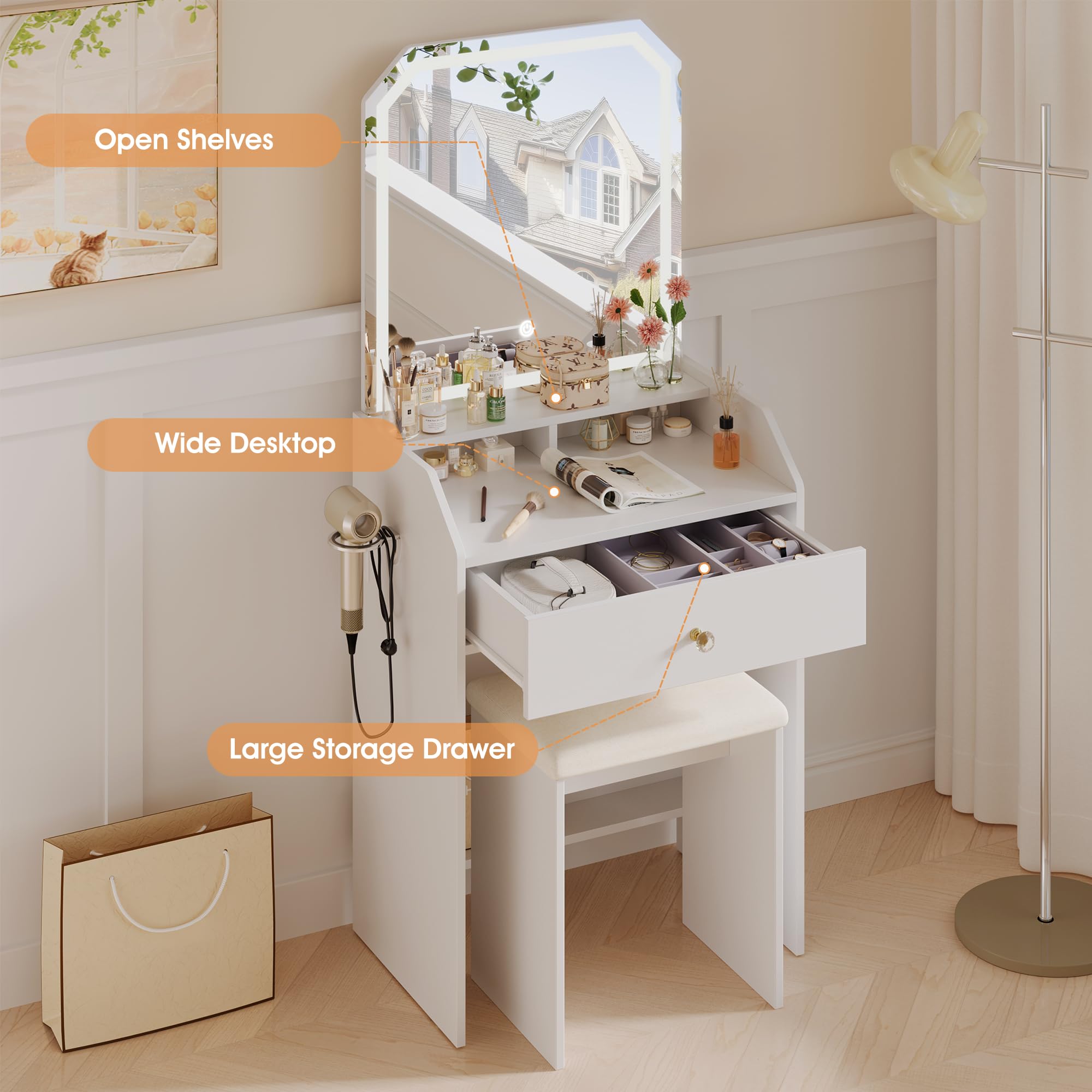 Small Makeup Vanity Desk with Mirror and LED Lights, White Little Girls Vanity Table with Drawer and Cushioned Stool Set Kids Dressing Table Set for Bedroom 3 Color Lighting with Adjustable Brightness