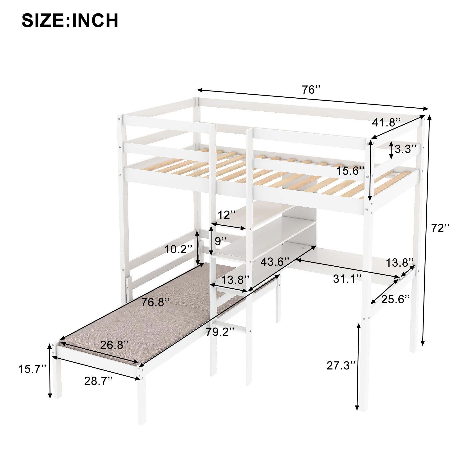 MERITLINE Twin Loft Bed with Desk and Bookshelf,Twin Bunk Bed Frame,Convertible Wooden Loft Bed Frame for Kids Teens Girls Boys, No Box Spring Needed,White