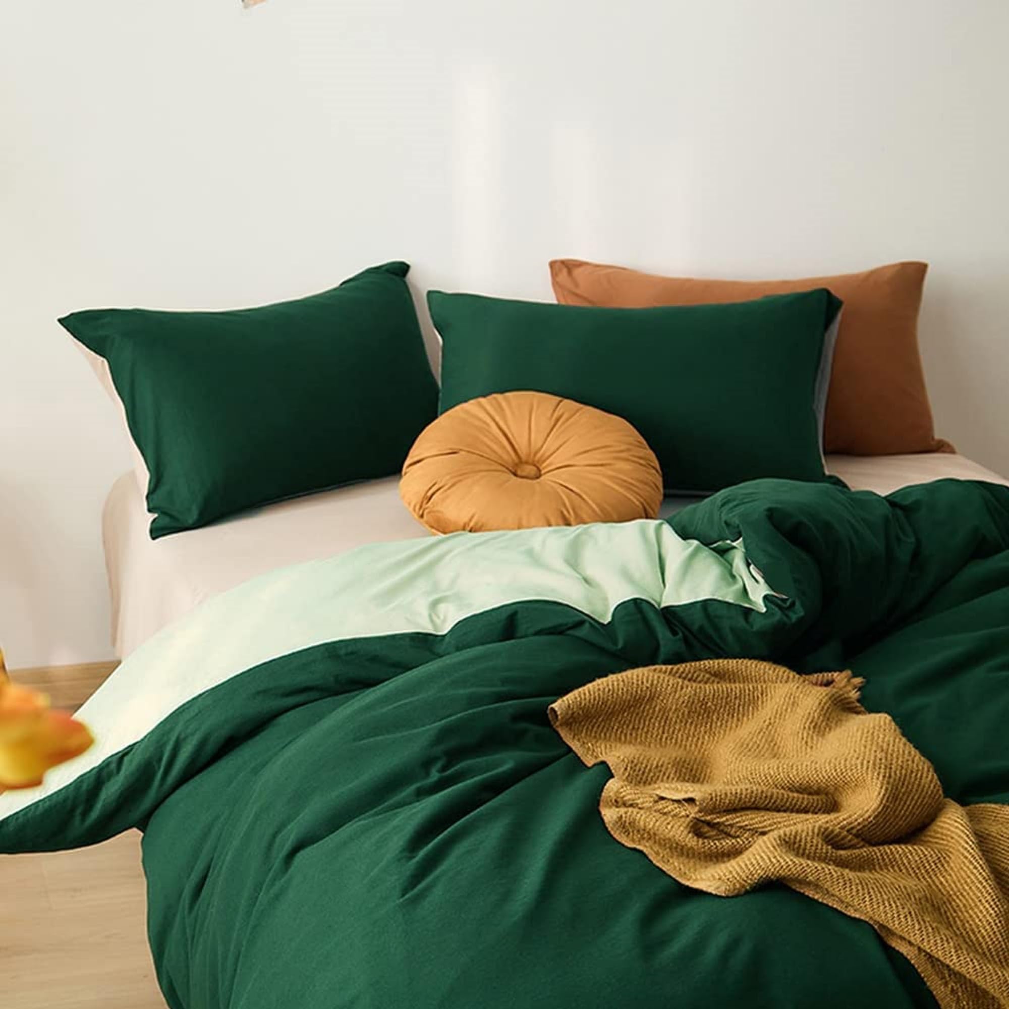 Magic bedding 100% Pure Cotton Bedding Set Cotton Duvet Cover Twin/Full Boho Bedding Soft Cotton Dual Color Bedding Set Forest Green & Sage Green Quilt Uo Bedding Cover (King 90X104)