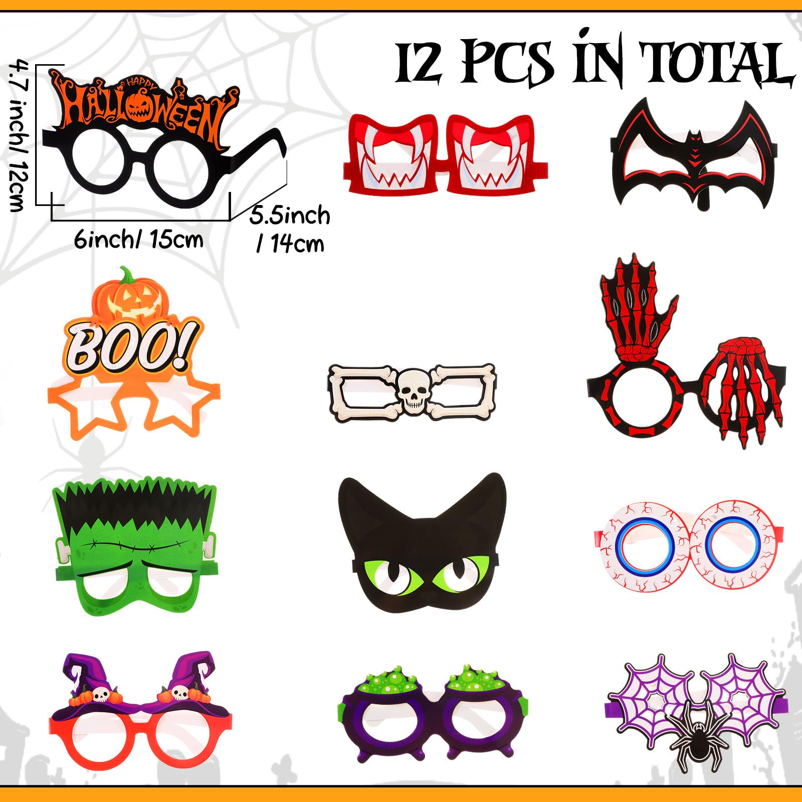 MotiMind 24 Pcs Halloween Glasses and Halloween Headbands Set Adult Halloween Funny Glasses Pumpkin Spider Bat Witch Ghost Paper Party Eyeglasses for Decoration Party Favor Accessories Supplies