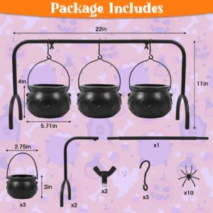 Set of 6 Halloween Witches Cauldron Serving Candy Bowls with Iron Rack Upgrade Hooks Black Plastic Punch Bucket Spiders for Halloween Party Decorations Indoor Outdoor Home Table Decor Supplies