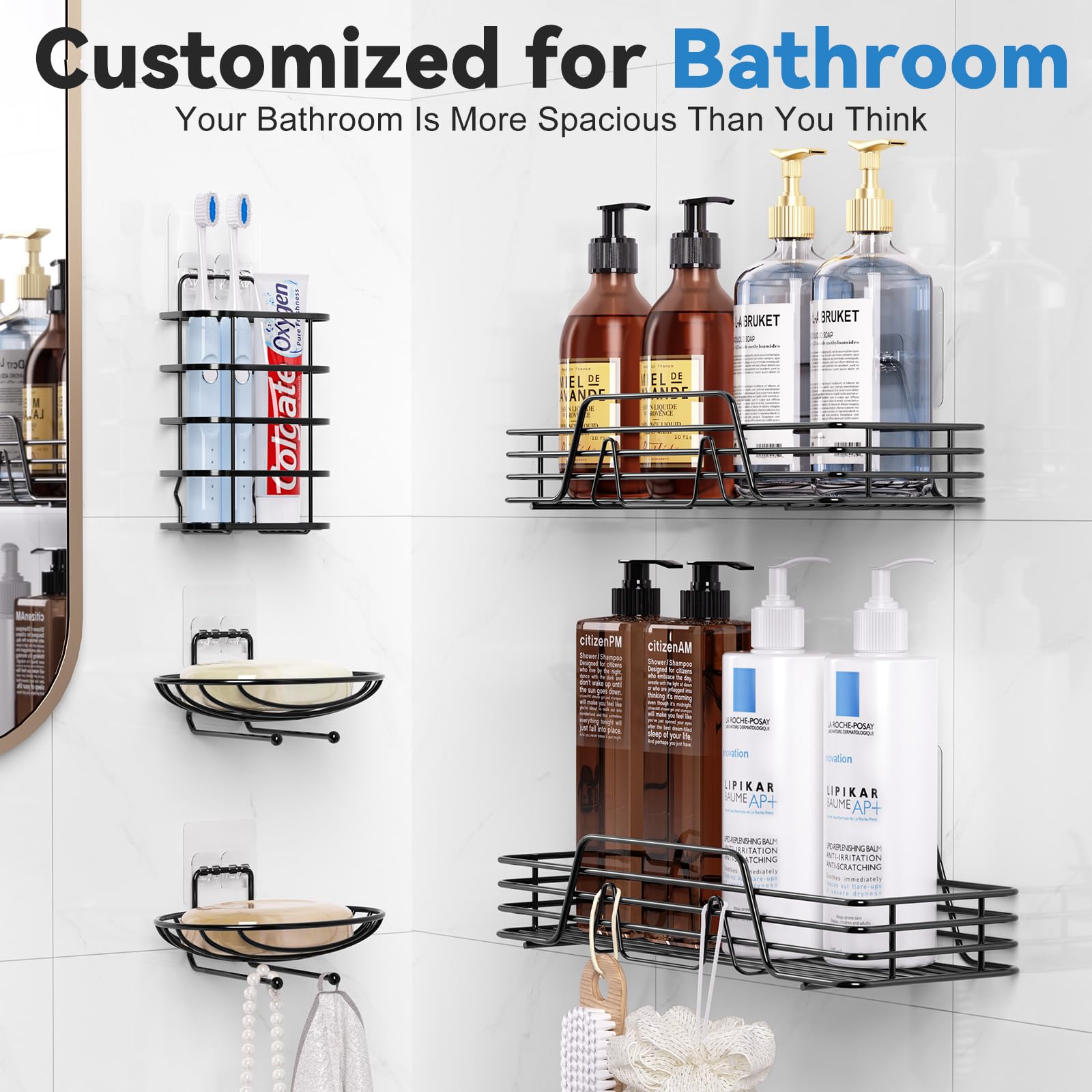 Adhesive Shower Caddy Organizer Shelves Rack-5 Pack Corner Bathroom Storage Organization, Home & Kitchen Decor Inside RV Accessories, Hanging First Apartment Household Camper Essentials (black)