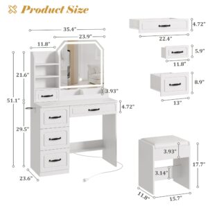 Makeup Vanity Desk with Lights and Charging Station, White Vanity Set with 5 Drawers & Stool for Girls Women Vanity Dressing Table for Bedroom, 3 Lighting Modes Adjustable Brightness