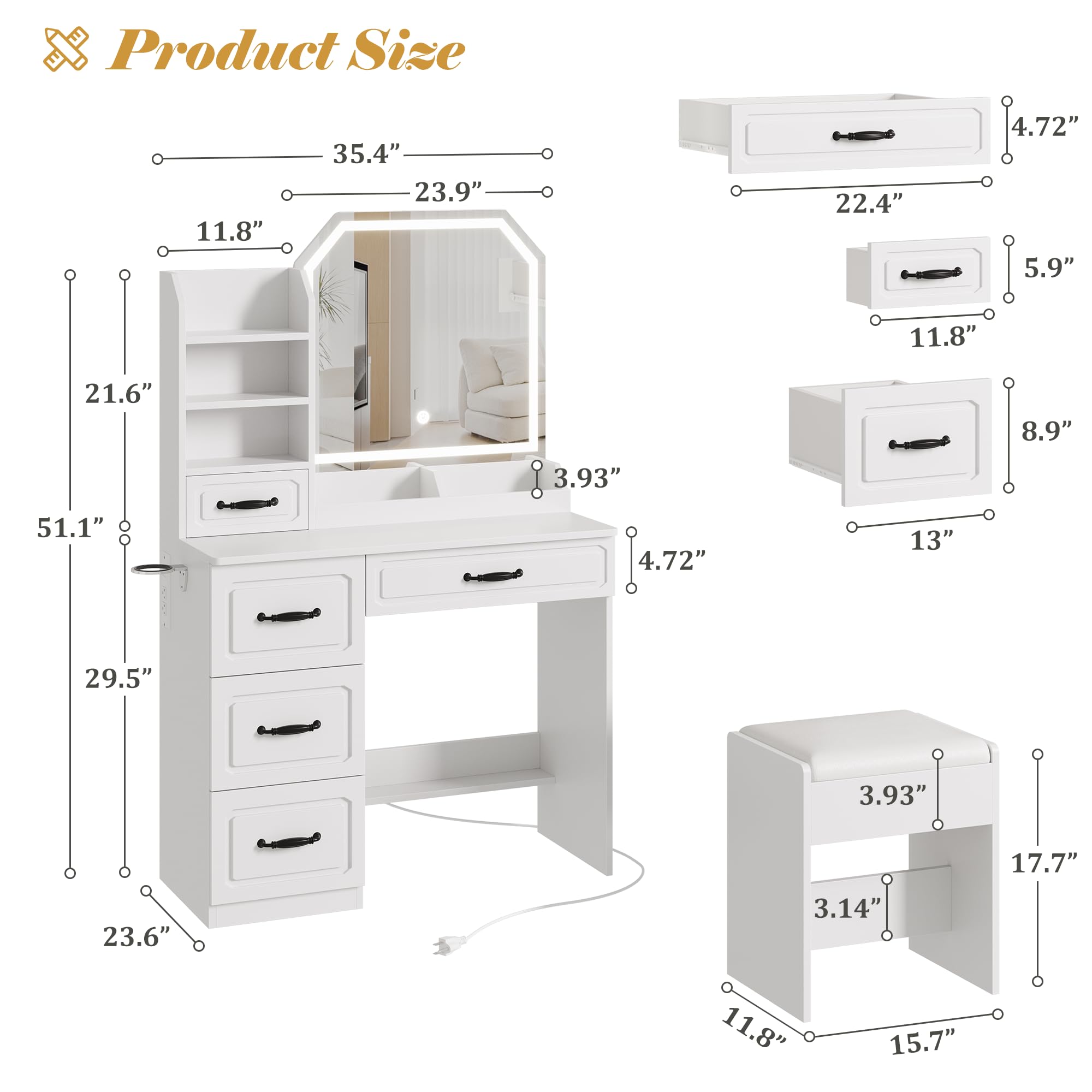 Makeup Vanity Desk with Lights and Charging Station, White Vanity Set with 5 Drawers & Stool for Girls Women Vanity Dressing Table for Bedroom, 3 Lighting Modes Adjustable Brightness