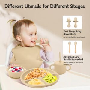 SHGMEET Silicone Baby Feeding Set, Baby Feeding Essentials, Baby Suction Bowl, Plates, Bib, Spoons set, Baby Led Weaning Supplies to Develop Self-feeding Skills, Dishwasher Safe (Beige)