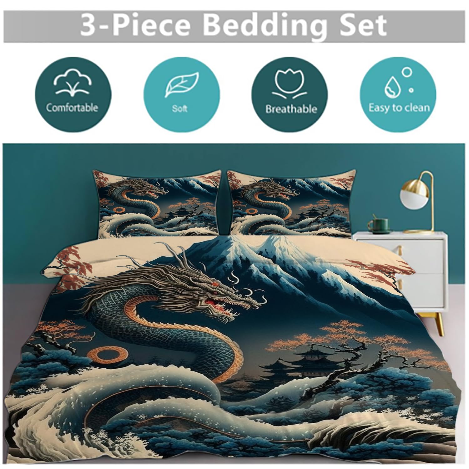 MSSHUKYTT Vintage Japanese Mount Fuji Duvet Cover Set 3 Piece Queen Size,Cool Dragon Nature Landscape Japan Great Wave Cabin Duvet Cover 2 Pillowcases(No Insert)