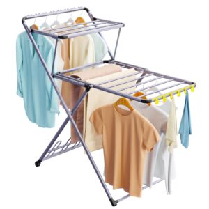 xabitat foldable clothes drying rack with shoe hanger | metal construction, non-slip feet | dual layer with hooks | hidden wheels | space saving portable | ideal for laundry room, indoor & outdoor