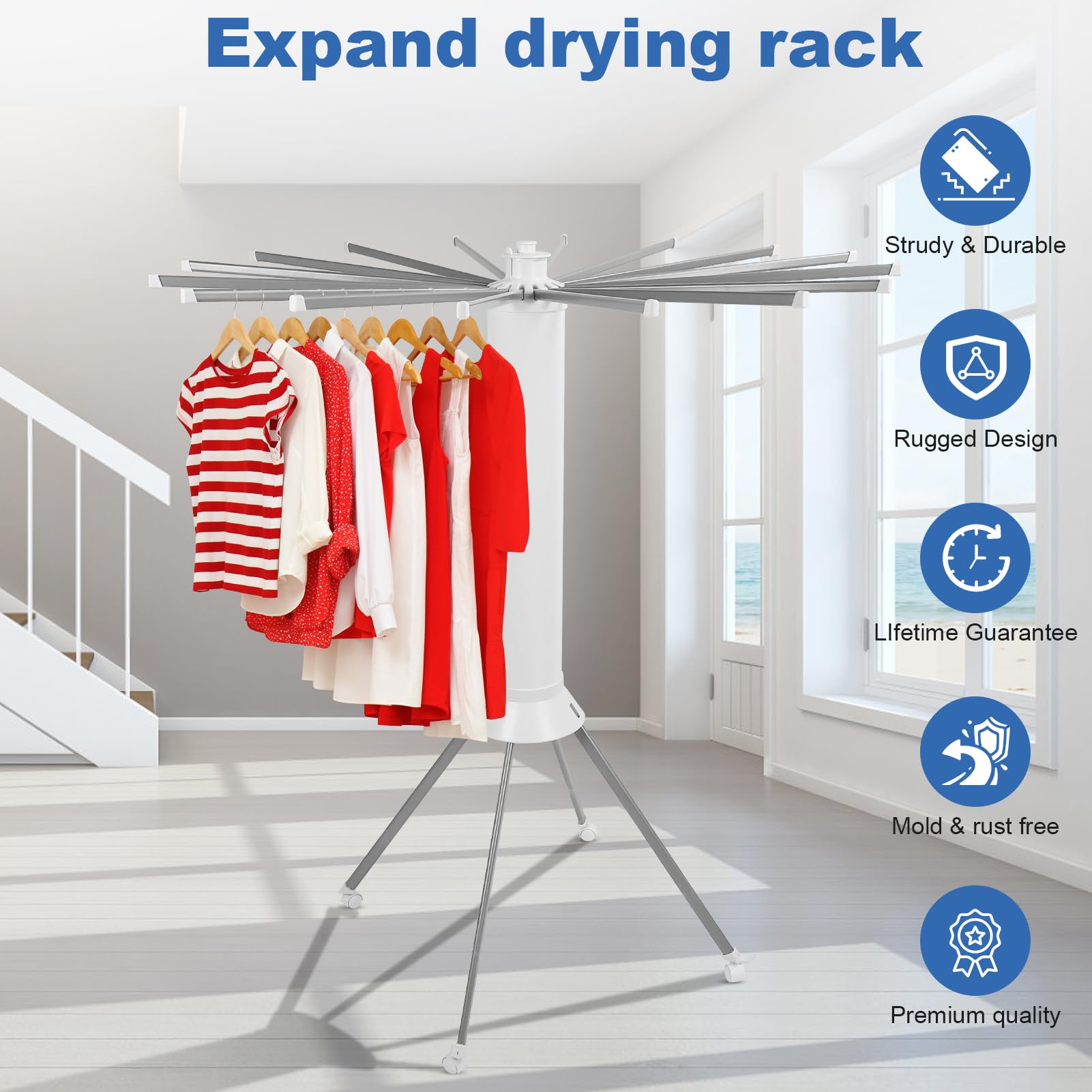 Tripod Clothes Drying Rack, Octopus Cylinder Clothes Drying Rack, Portable Tripod Laundry Drying Rack, Clothing Coat Rack Stand Foldable Outdoor, Aluminum Clothes Hanger for Home Outdoors Travel