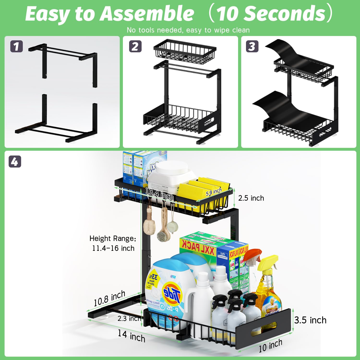 ilvvan Under Sink Organizer(10 Seconds Installation), 2 Packs 2 Tier Expandable Height (11" - 16") Under-Sink Organizers Slide out Pull out Organizer Shelf