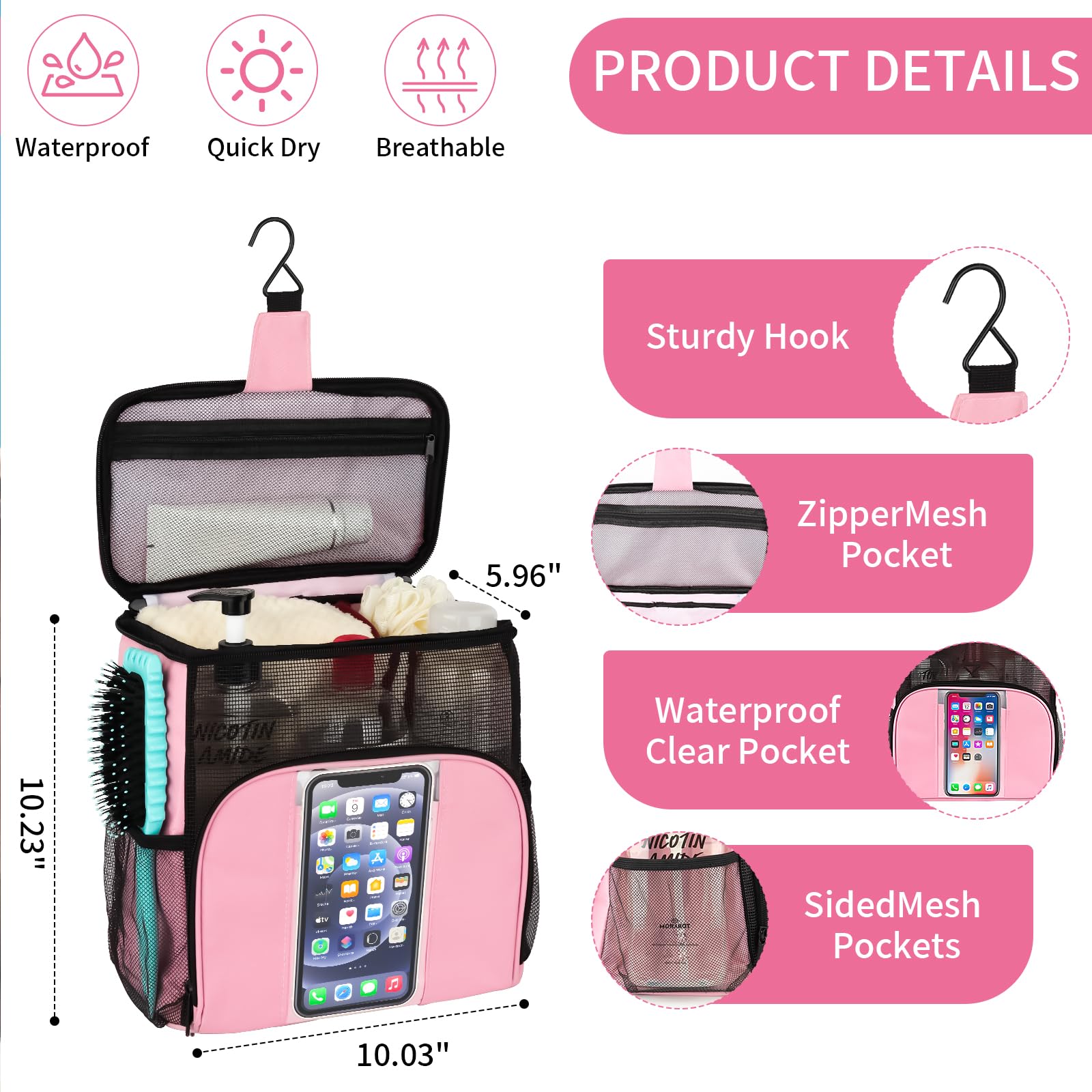 Shower Caddy Portable, Large Capacity Shower Caddy Dorm Tote bag, Hanging Shower Bag for College Dorm Room Essentials, Quick Dry Mesh Toiletry Bag with Phone Pocket for Boys and Girls (pink)