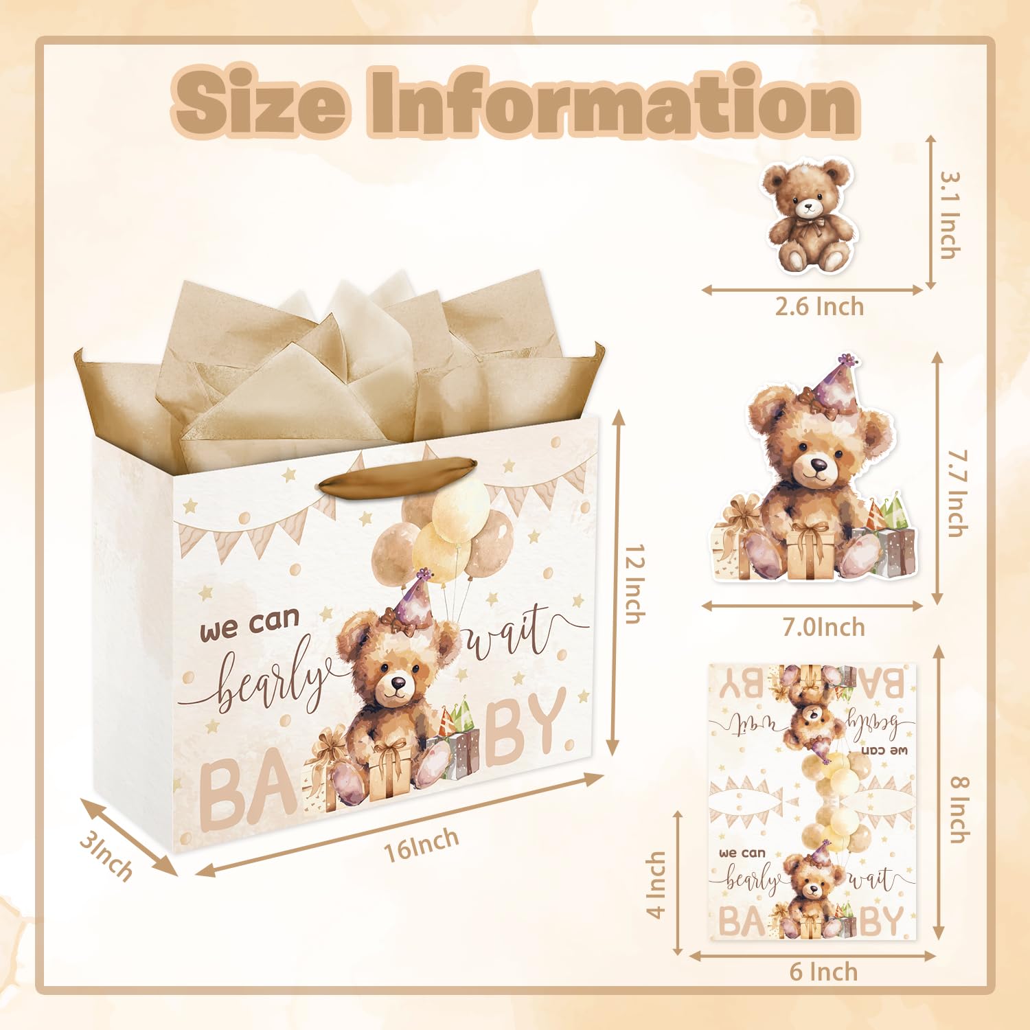 16" Large Baby Boy Girl Gift Bag, 3D Making Bear Baby Gift Bag with Handle, Tissue Paper and Greeting Card