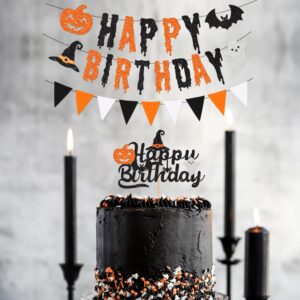 Glitter Halloween Birthday Banner Party Decorations Fall Pumpkin Happy Birthday Banner with Fall Halloween Birthday Cake Toppers for Hocus Pocus Halloween Fall Birthday Decorations Supplies