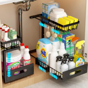 ilvvan under sink organizer(10 seconds installation), 2 packs 2 tier expandable height (11" - 16") under-sink organizers slide out pull out organizer shelf