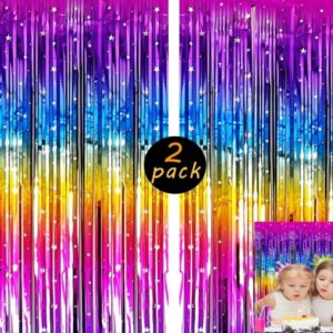 Masxkle 2 Pack (3.3x6.6Ft) Sparkling Neon Rainbow Party Decorations Rainbow Foil Fringe Curtain Backdrop for Birthday Wedding Engagement Bridal Shower Cartoon Party Decorations