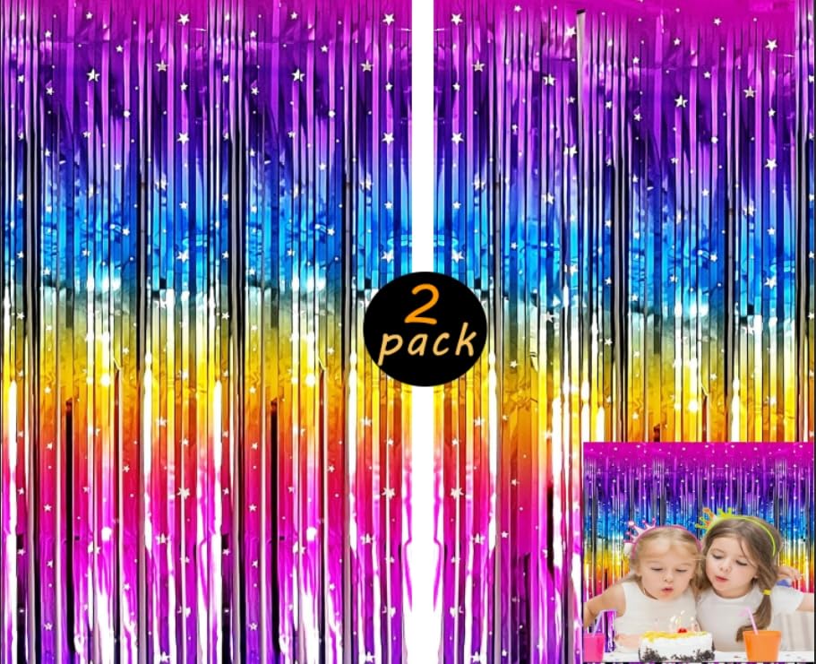 Masxkle 2 Pack (3.3x6.6Ft) Sparkling Neon Rainbow Party Decorations Rainbow Foil Fringe Curtain Backdrop for Birthday Wedding Engagement Bridal Shower Cartoon Party Decorations