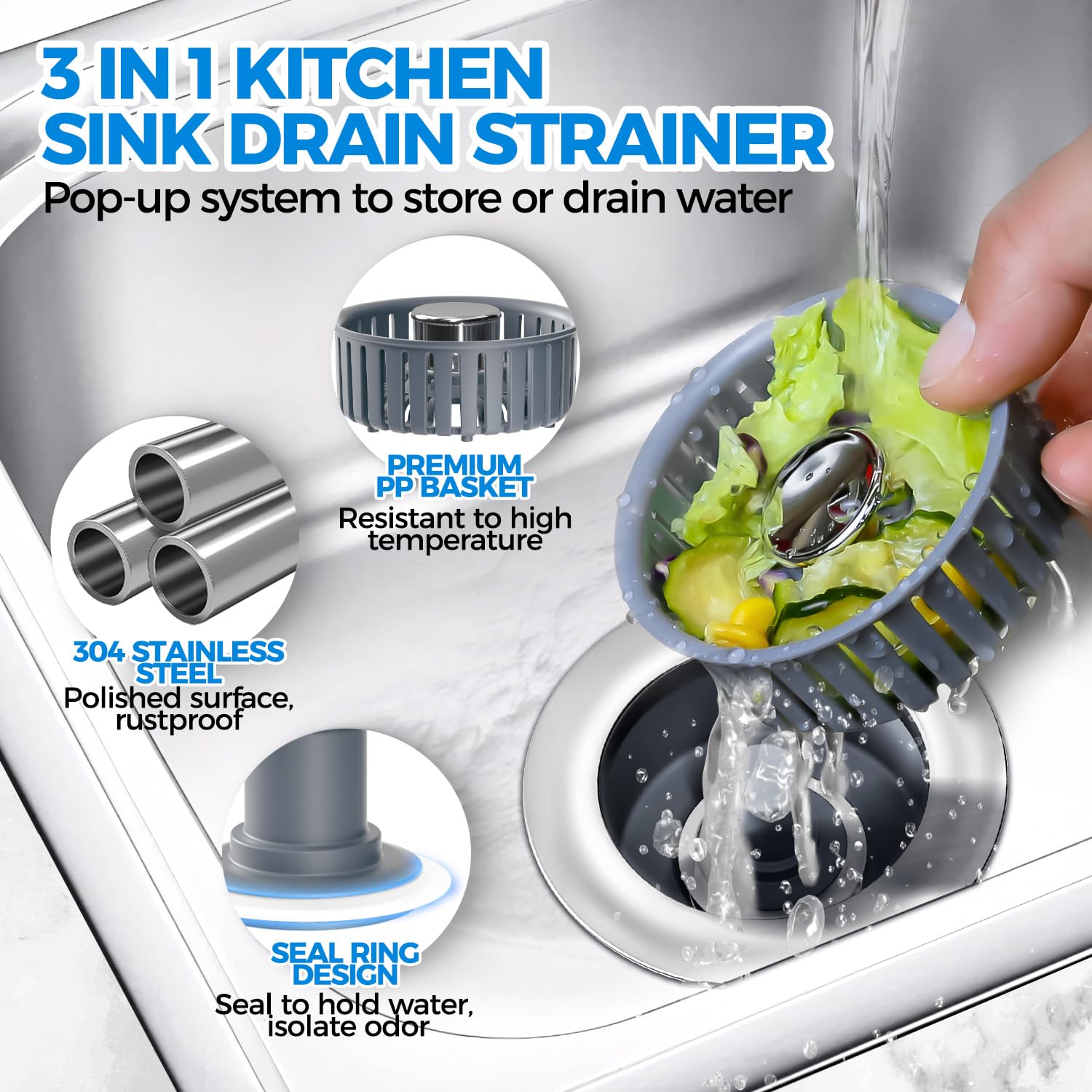 Upgraded 2Pack 3in1 Kitchen Sink Drain Strainer & Sink Stopper, Stainless Steel Kitchen Drain Plug & Cover with Anti-Clogging Basket Strainer, Fit US Standard 3-1/2'' Sink Drain Hole, Silver