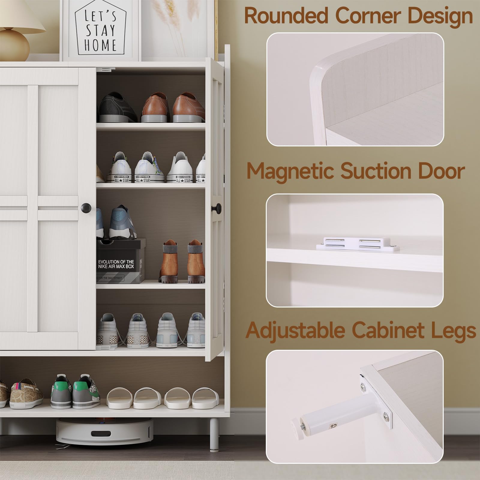 ONBRILL Shoe Cabinet Storage for Entryway, 6-Tier Farmhouse Shoe Storage Cabinet with Cross Molding Doors and 3 Adjustable Shelves, 45'' Tall Shoes Organizer Cabinet for Entryway, Front Door, White