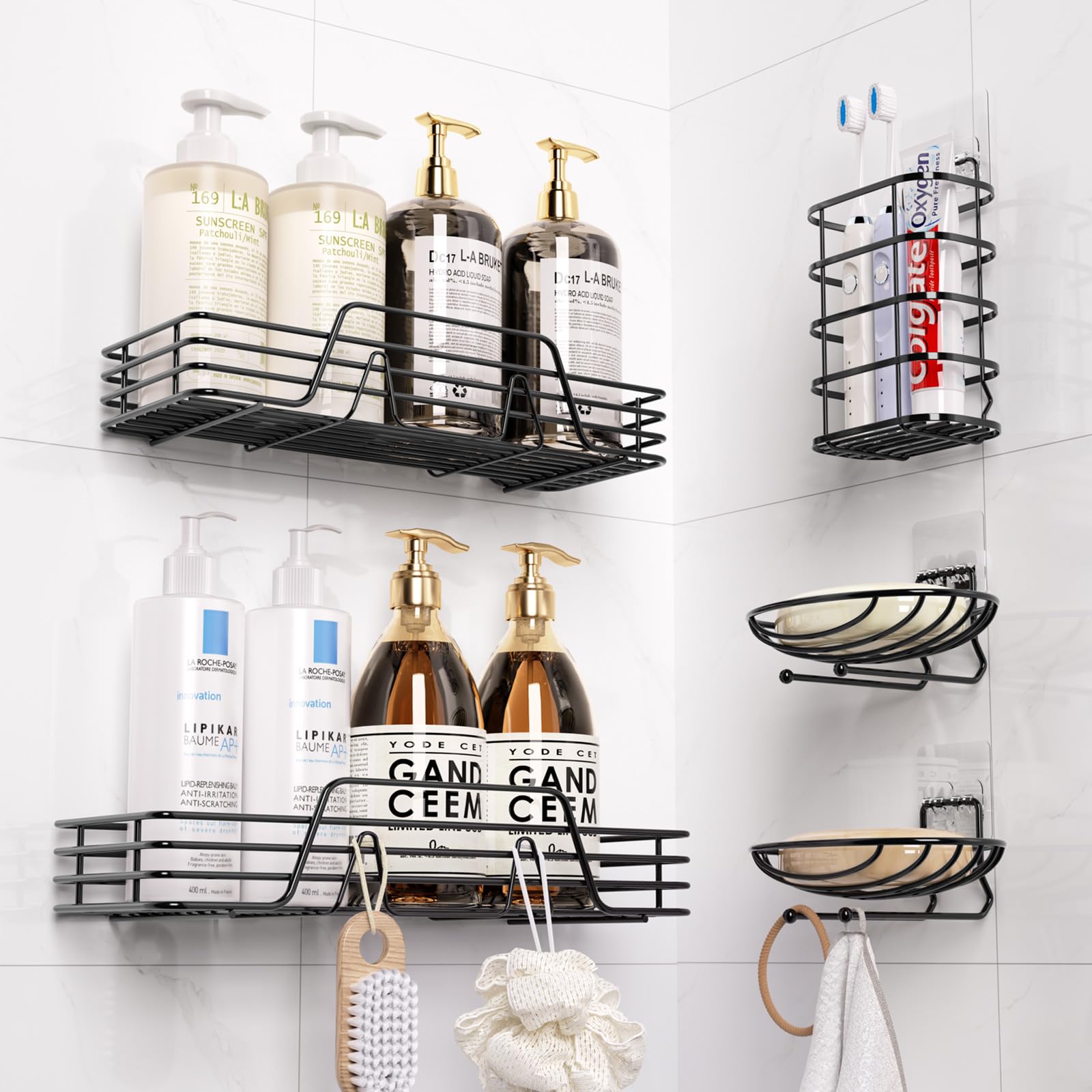 Adhesive Shower Caddy Organizer Shelves Rack-5 Pack Corner Bathroom Storage Organization, Home & Kitchen Decor Inside RV Accessories, Hanging First Apartment Household Camper Essentials (black)