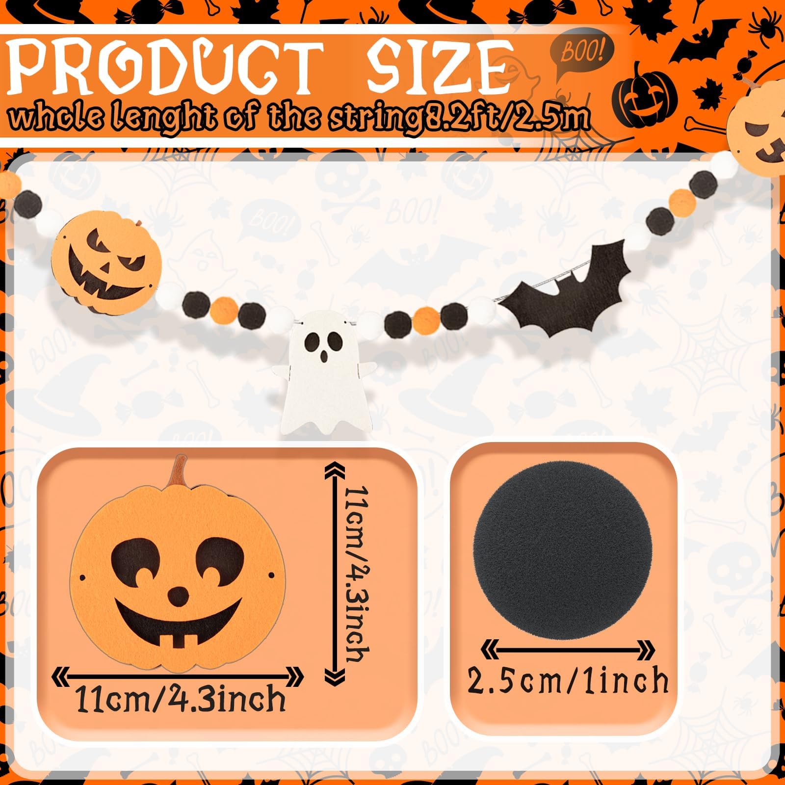 24.6Ft Halloween Felt Banner Cute Pumpkin Ghosts Expressions Bat Pom Pom Garlands Halloween Pumpkin Ghosts Party Decorations Banner for Halloween Party Haunted Indoor Outdoor Home Office Hanging Decor