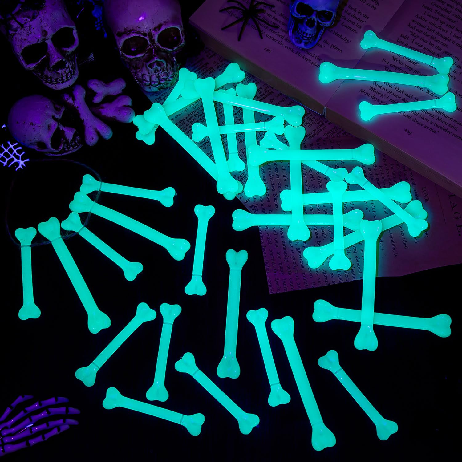 TORINALITAL 60Pcs Halloween Mini Bones, Miniature Glow Decorations, Artificial Plastic Skeleton for Gatherings Decoration Caveman Theme Costume Supplies