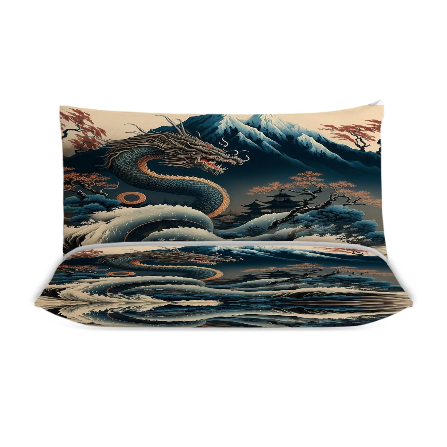 MSSHUKYTT Vintage Japanese Mount Fuji Duvet Cover Set 3 Piece Queen Size,Cool Dragon Nature Landscape Japan Great Wave Cabin Duvet Cover 2 Pillowcases(No Insert)