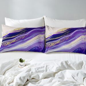 Erosebridal White and Purple Marbling Bedding Set Abstract Ombre Comforter Cover Golden Gradient Tie Dye Duvet Cover King,Iridescent Ink Fluid Art Marble Home Decor