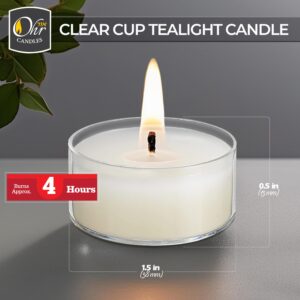 Ohr Tealight Candles in Clear Cup - 50 Pack Bulk Tea Lights Candles - White Tealights Unscented - 4 Hour Burn Time